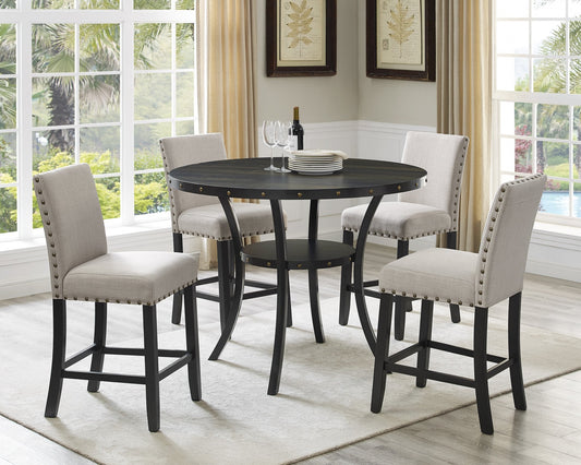 Roundhill Furniture Biony Espresso Wood Counter Height Dining Set with Tan Fabric Nailhead Stools