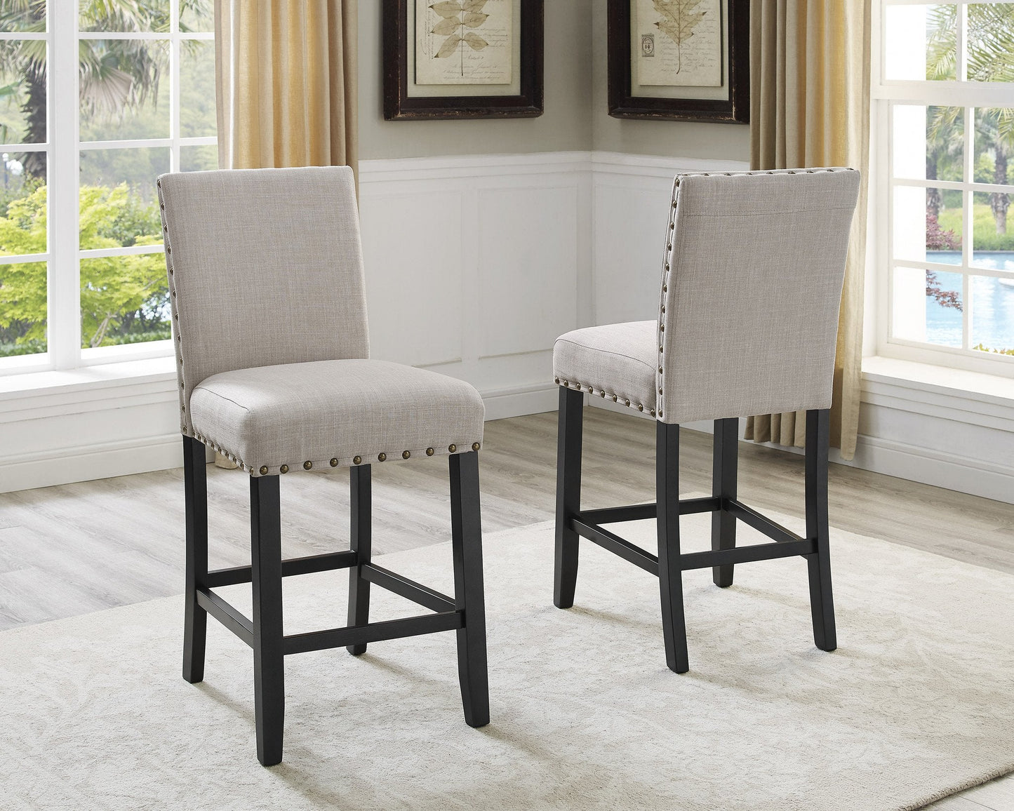 Roundhill Furniture Biony Espresso Wood Counter Height Dining Set with Tan Fabric Nailhead Stools