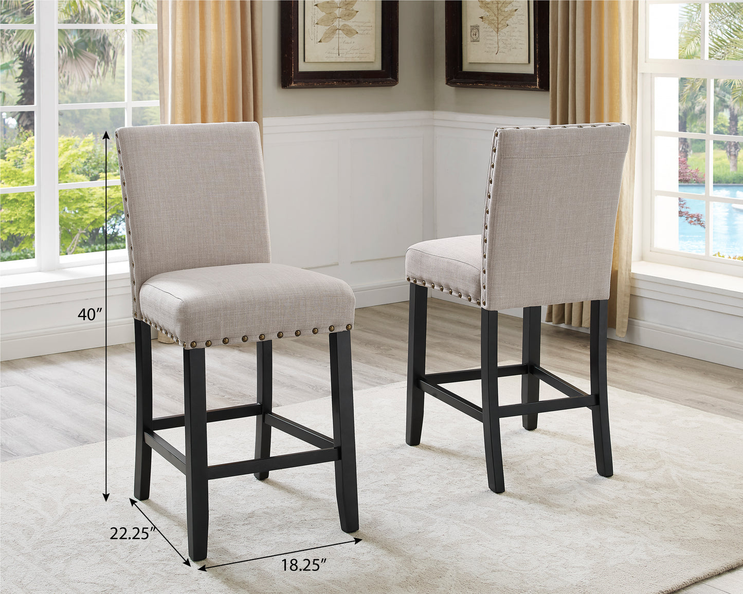 Roundhill Furniture Biony Espresso Wood Counter Height Dining Set with Tan Fabric Nailhead Stools