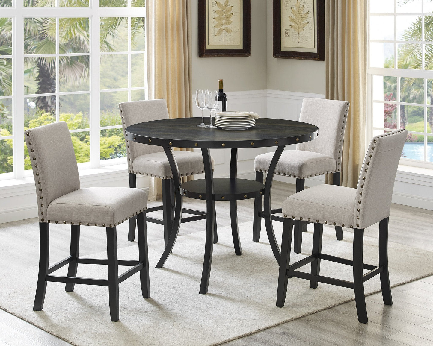 Roundhill Furniture Biony Espresso Wood Counter Height Dining Set with Fabric Nailhead Stools