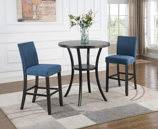 Roundhill Furniture Biony 3-Piece 36 Round Espresso Finish Bar Table with 2 Blue Fabric Nail Head Pub Chairs