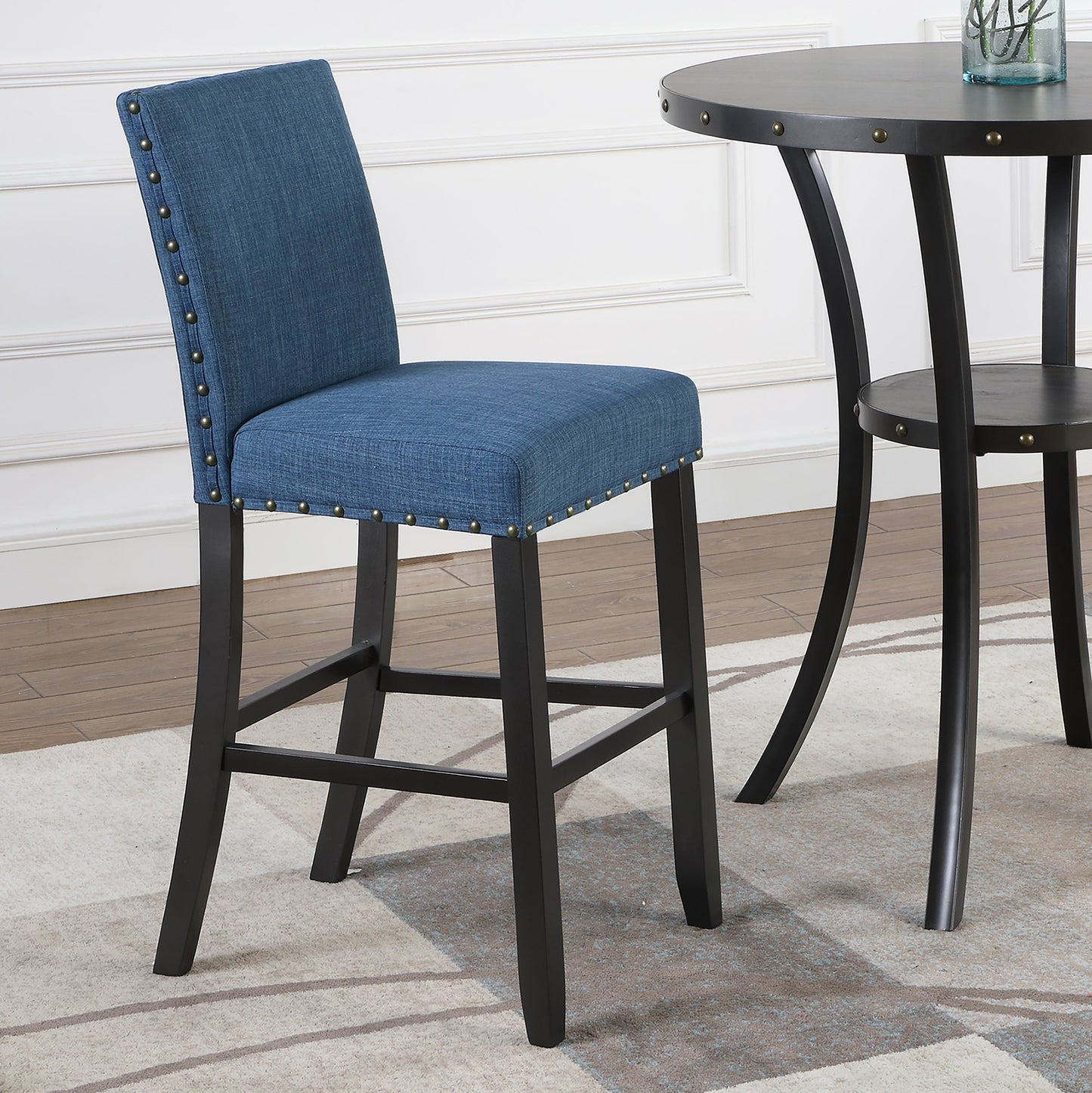 Roundhill Furniture Biony 3-Piece 36" Round Espresso Finish Bar Table with 2 Fabric Nail Head Pub Chairs