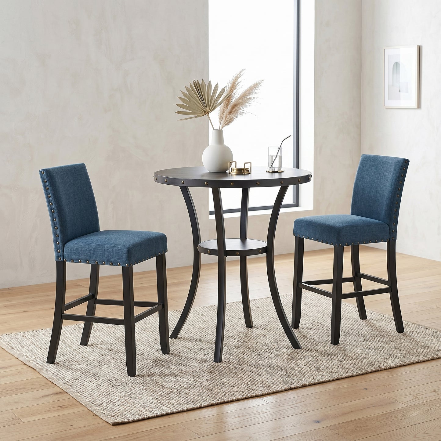 Biony 3-Piece 36" Round Espresso Finish Bar Table with 2 Blue Fabric Nail Head Pub Chairs