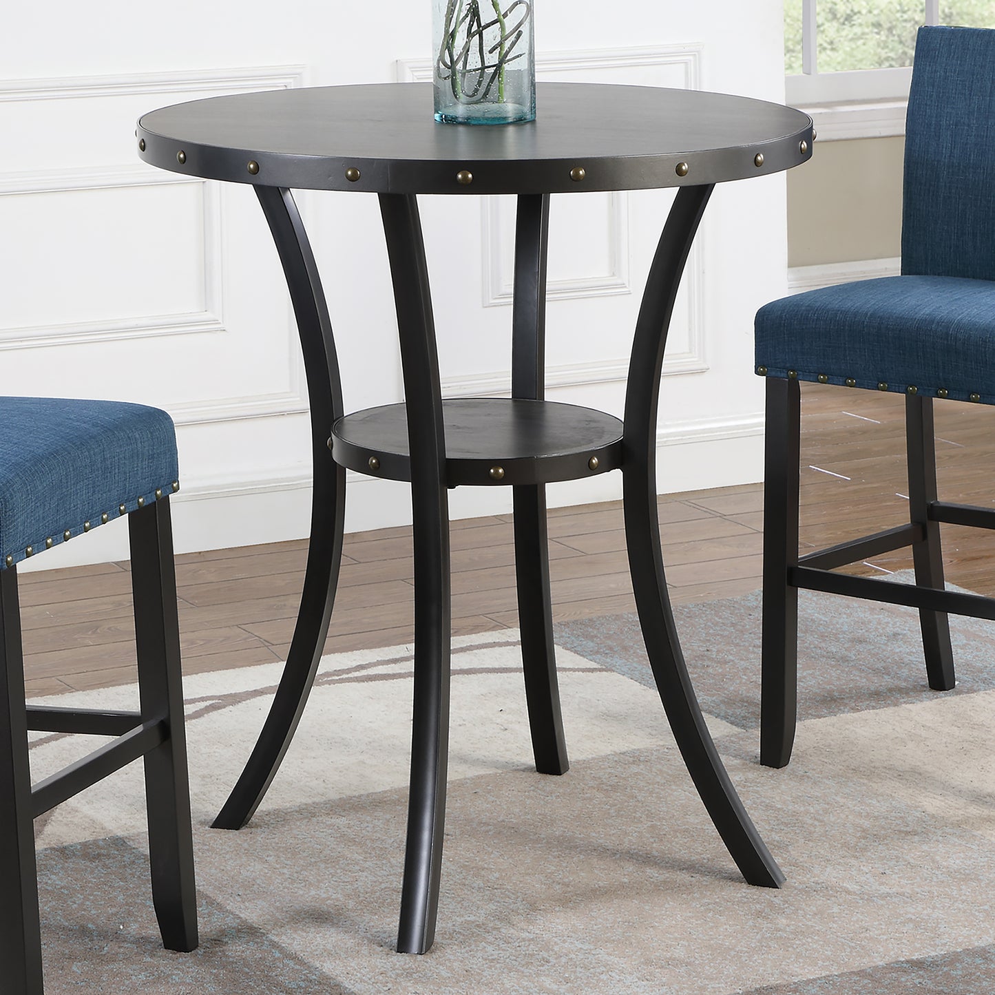 Biony 3-Piece 36" Round Espresso Finish Bar Table with 2 Blue Fabric Nail Head Pub Chairs