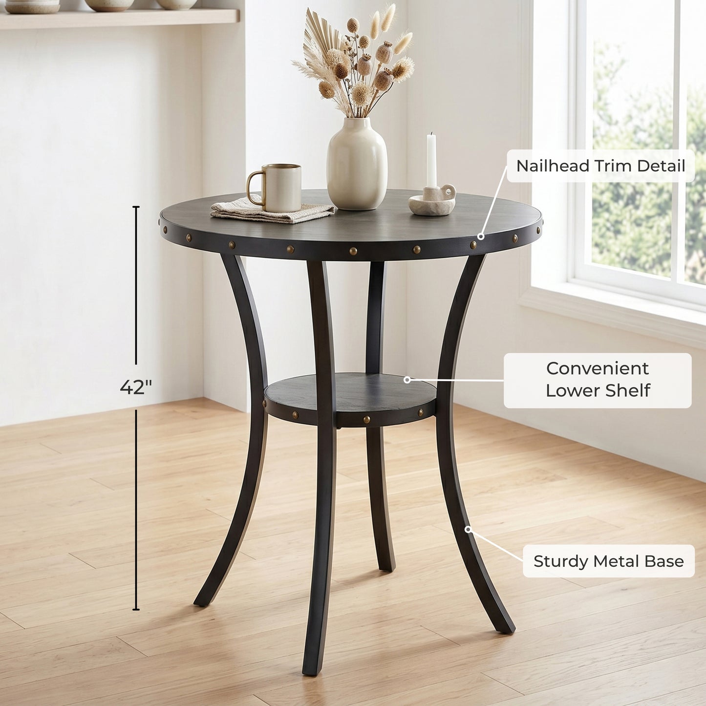 Biony 3-Piece 36" Round Espresso Finish Bar Table with 2 Blue Fabric Nail Head Pub Chairs