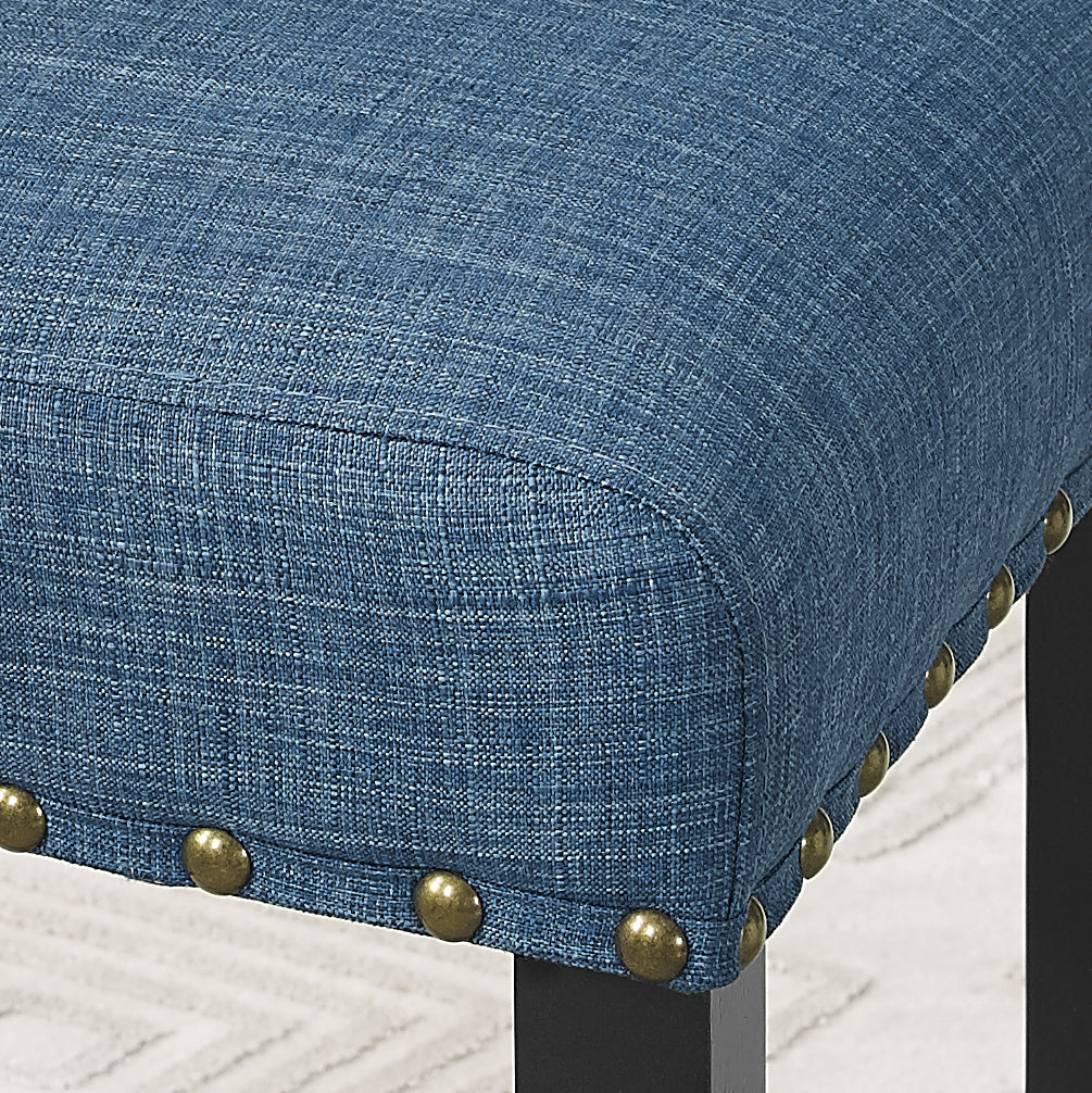 Biony 3-Piece 36" Round Espresso Finish Bar Table with 2 Blue Fabric Nail Head Pub Chairs