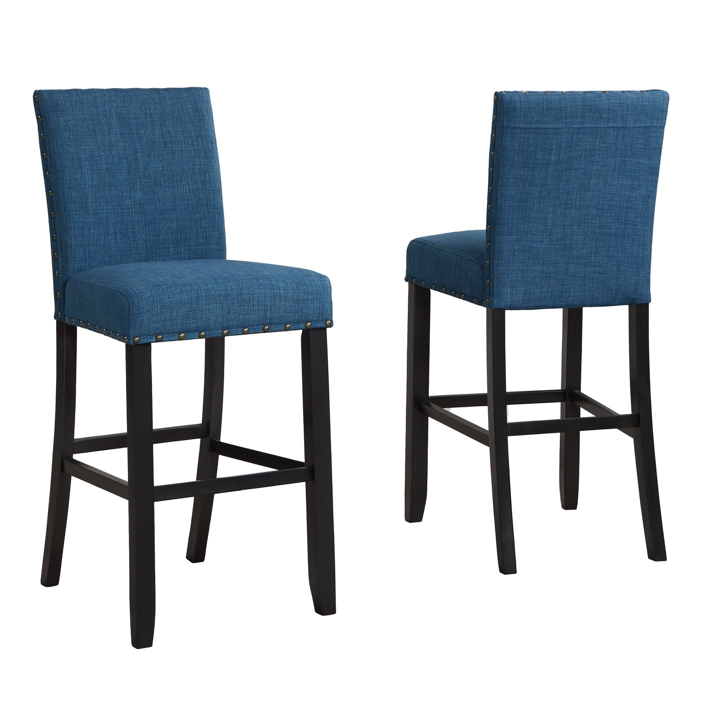 Biony 3-Piece 36" Round Espresso Finish Bar Table with 2 Blue Fabric Nail Head Pub Chairs