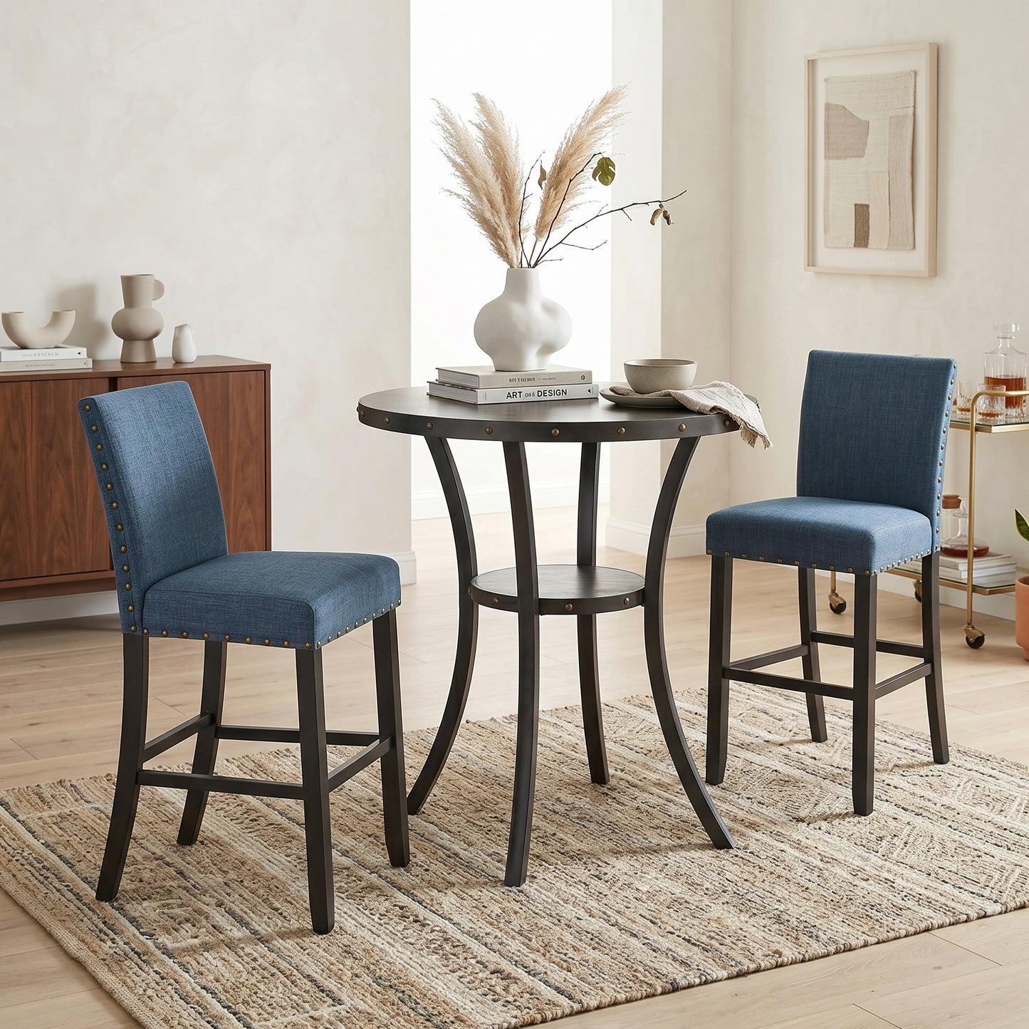Biony 3-Piece 36" Round Espresso Finish Bar Table with 2 Blue Fabric Nail Head Pub Chairs