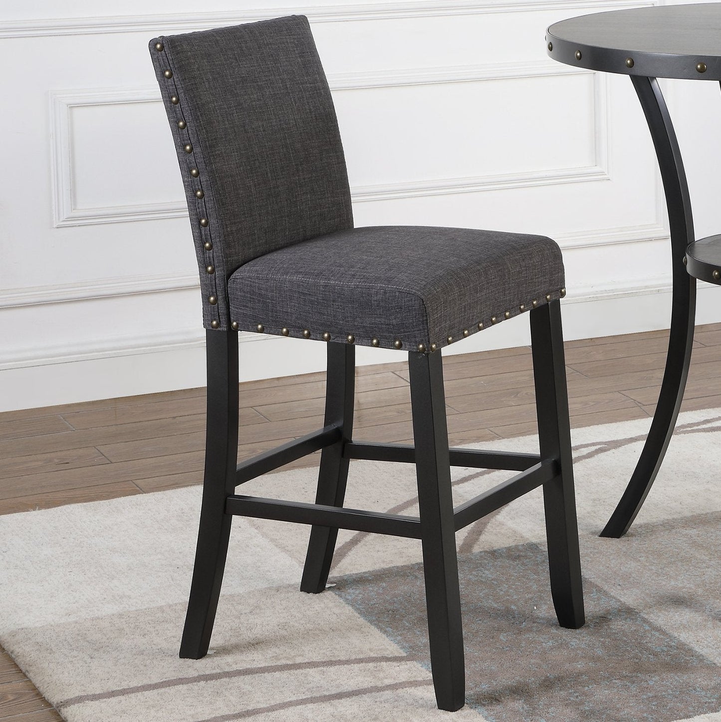 Roundhill Furniture Biony 3-Piece 36 Round Espresso Finish Bar Table with 2 Gray Fabric Nail Head Pub Chairs