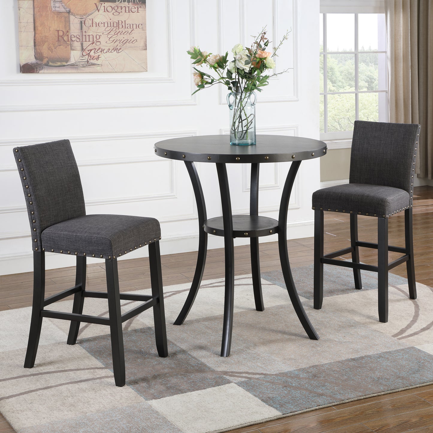 Biony 3-Piece 36" Round Espresso Finish Bar Table with 2 Gray Fabric Nail Head Pub Chairs