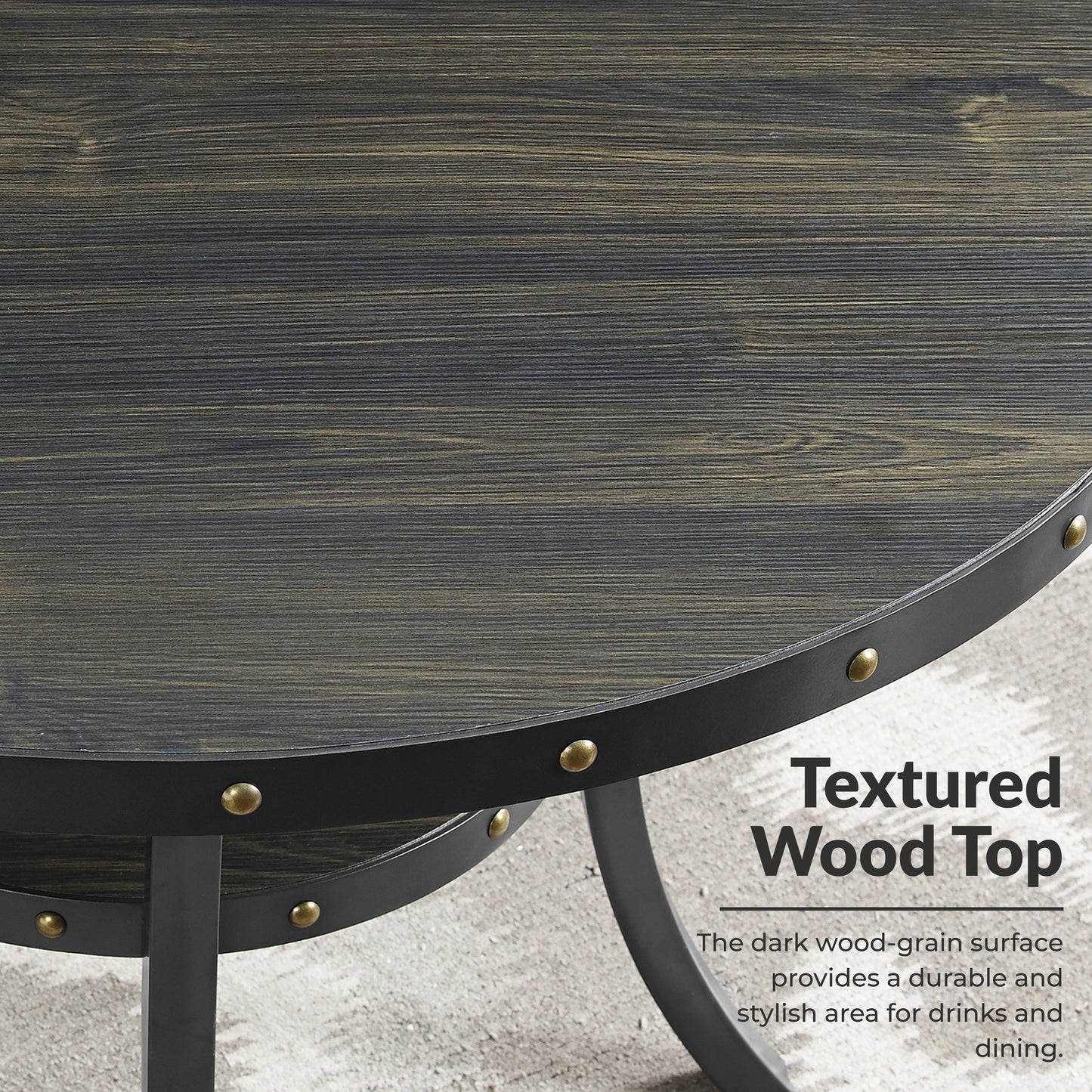 Biony 3-Piece 36" Round Espresso Finish Bar Table with 2 Gray Fabric Nail Head Pub Chairs