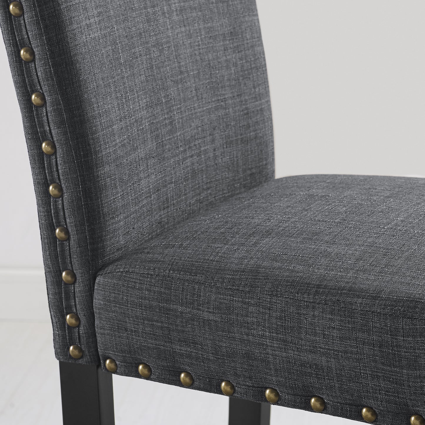 Biony 3-Piece 36" Round Espresso Finish Bar Table with 2 Gray Fabric Nail Head Pub Chairs