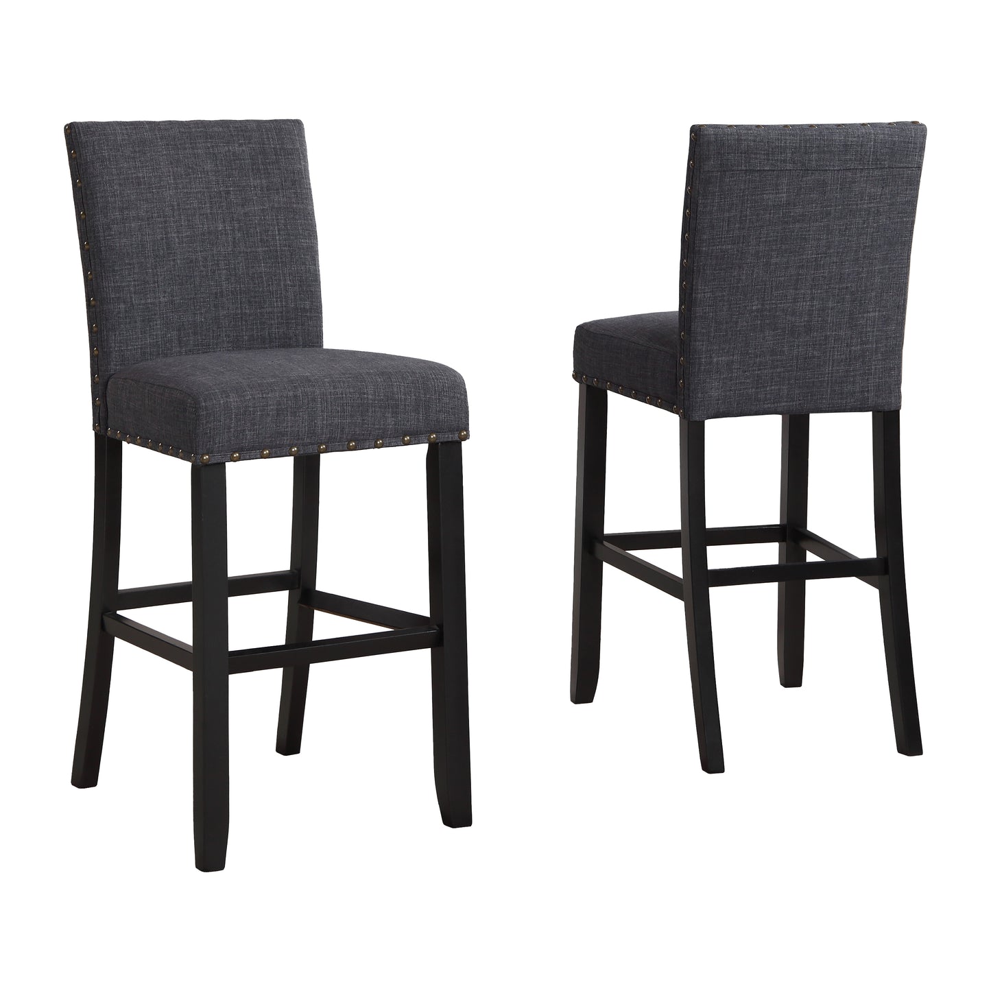 Biony 3-Piece 36" Round Espresso Finish Bar Table with 2 Gray Fabric Nail Head Pub Chairs