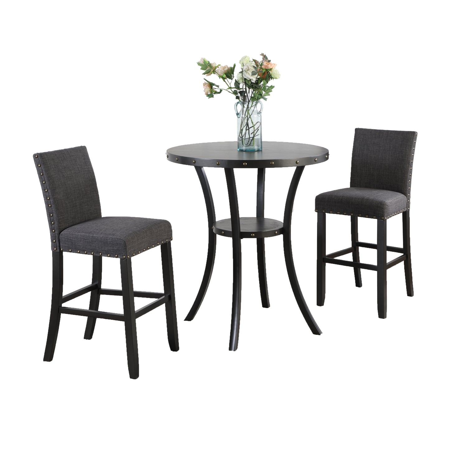 Biony 3-Piece 36" Round Espresso Finish Bar Table with 2 Gray Fabric Nail Head Pub Chairs