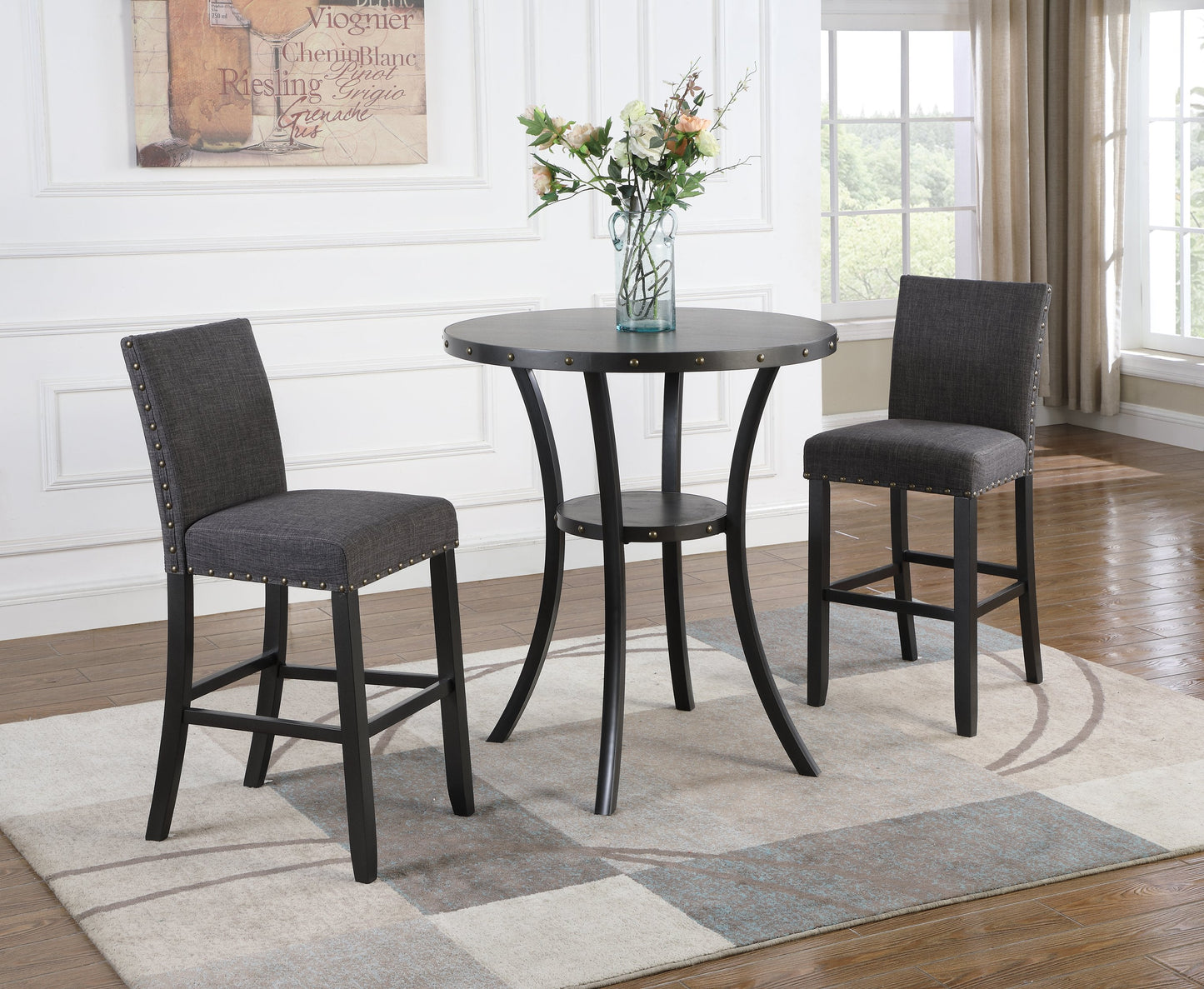 Biony 3-Piece 36" Round Espresso Finish Bar Table with 2 Gray Fabric Nail Head Pub Chairs