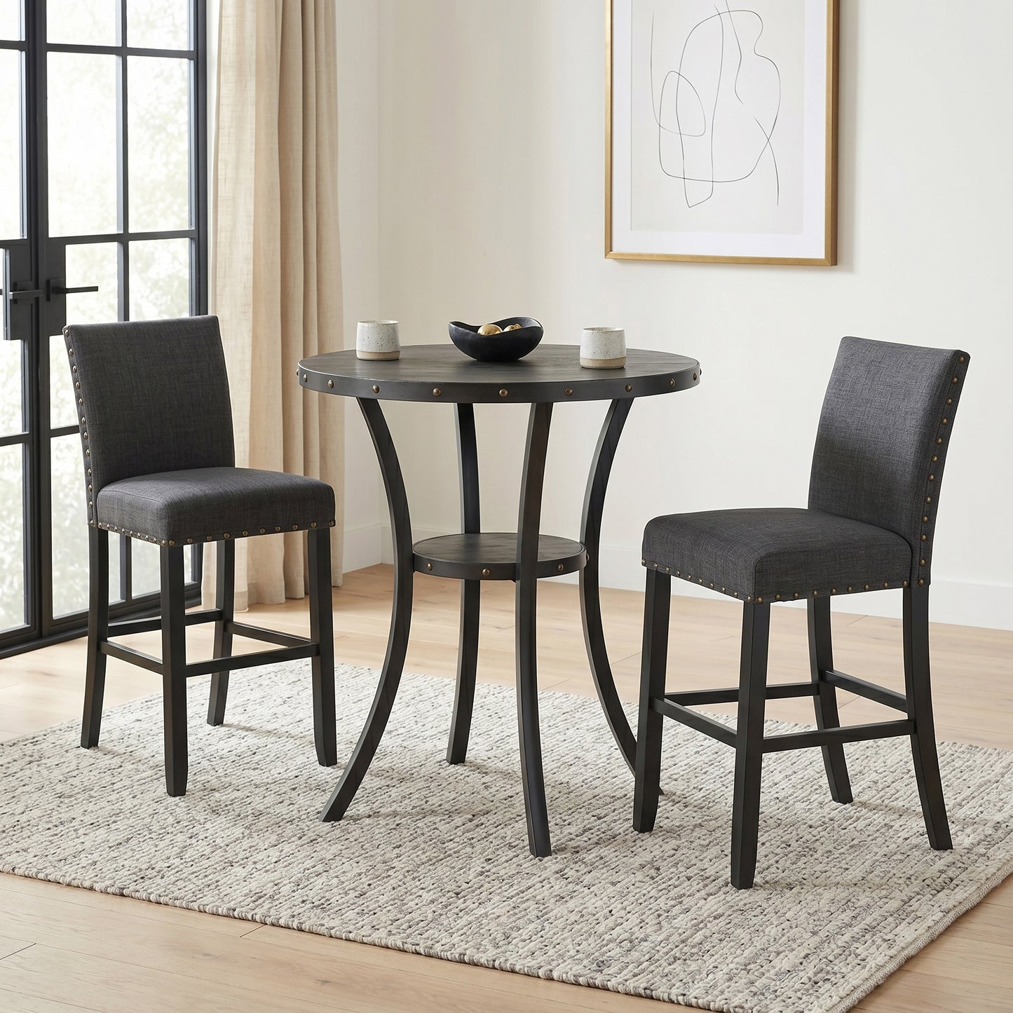 Biony 3-Piece 36" Round Espresso Finish Bar Table with 2 Gray Fabric Nail Head Pub Chairs