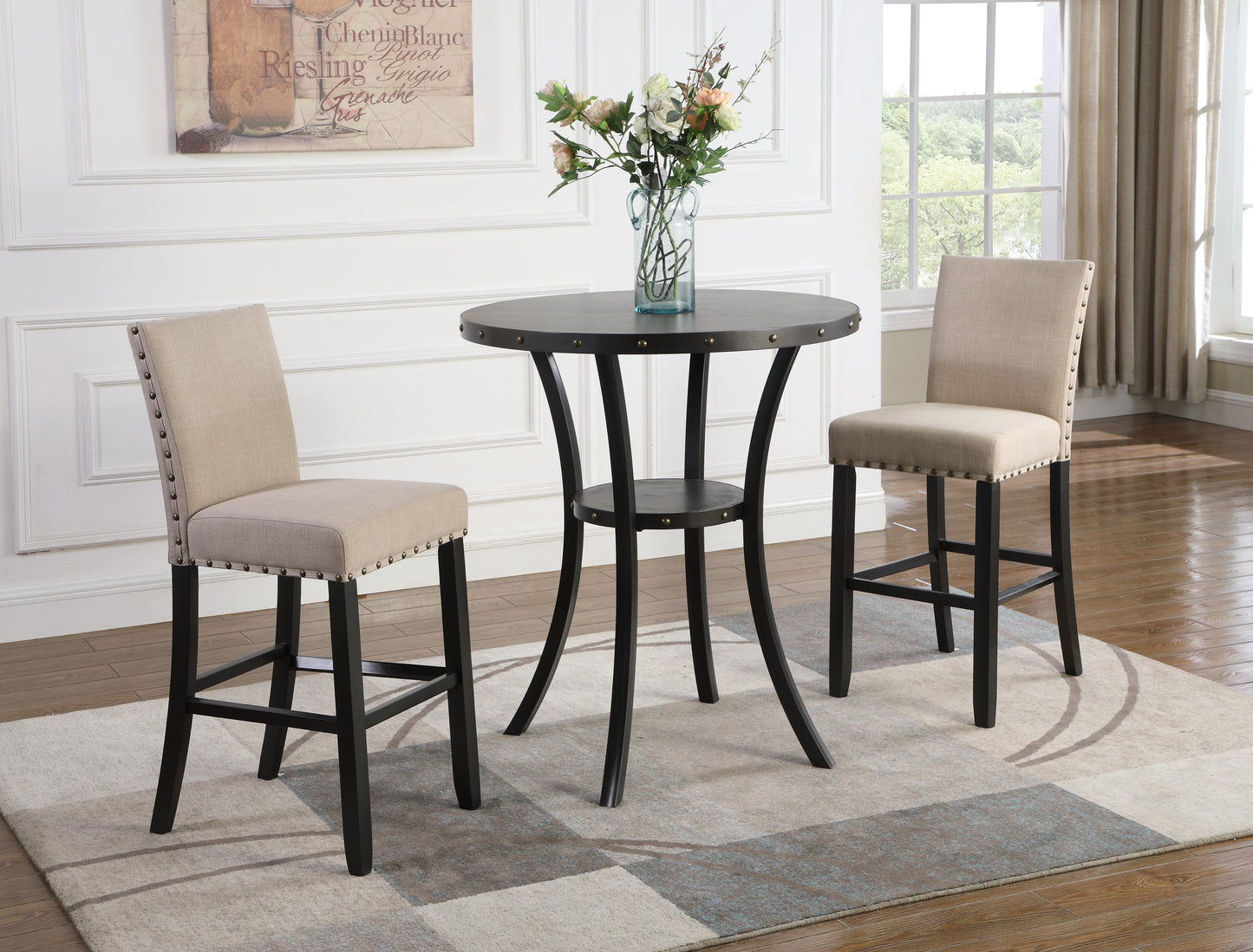 Roundhill Furniture Biony 3-Piece Round Espresso Finish Bar Table with 2 Fabric Nailhead Pub Chairs, Beige