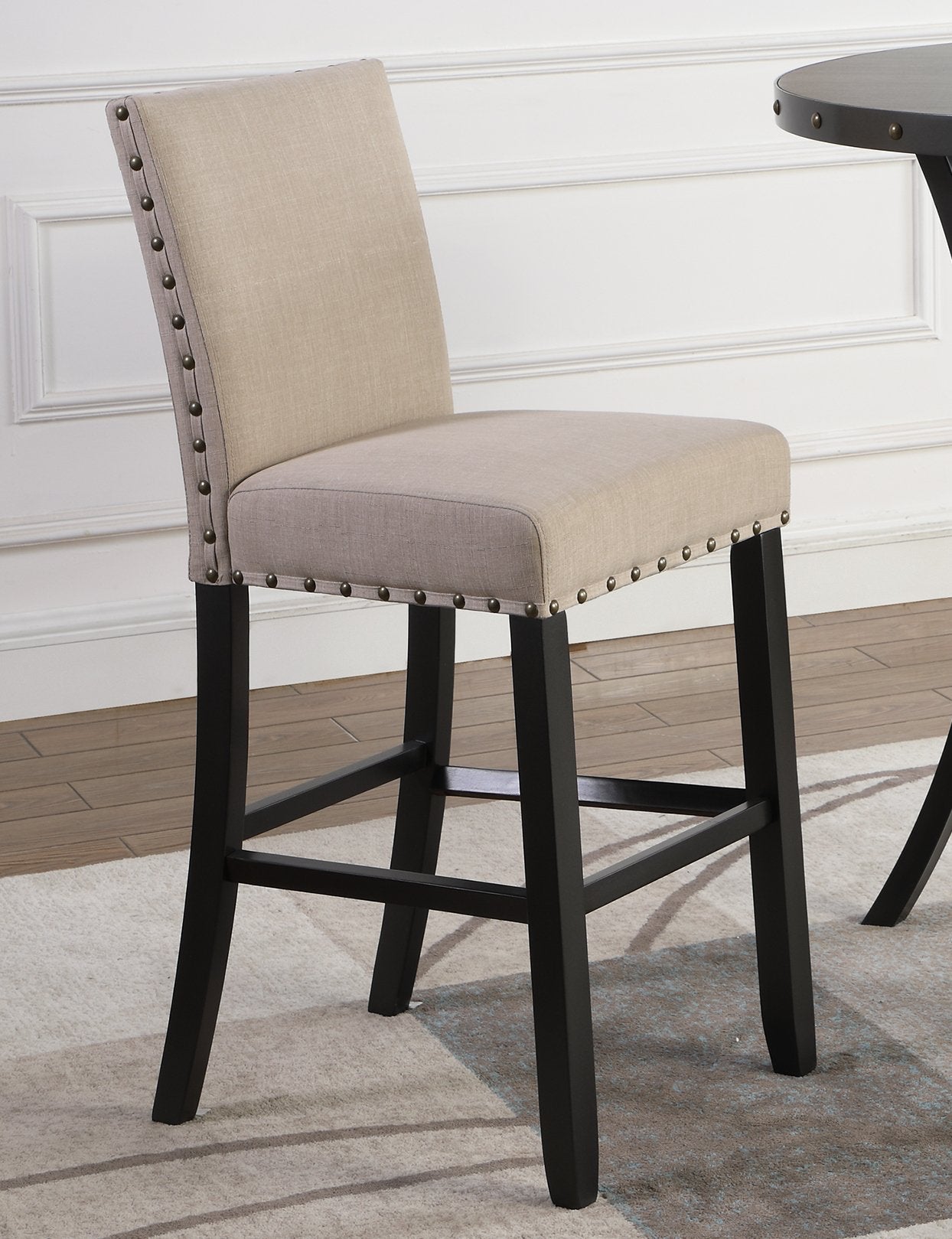 Roundhill Furniture Biony 3-Piece Round Espresso Finish Bar Table with 2 Fabric Nailhead Pub Chairs, Beige