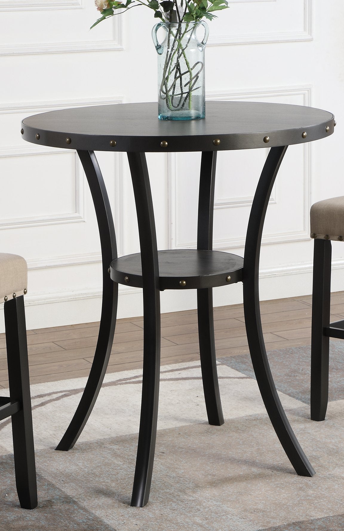 Biony 3-Piece 36" Round Espresso Finish Bar Table with 2 Tan Fabric Nail Head Pub Chairs