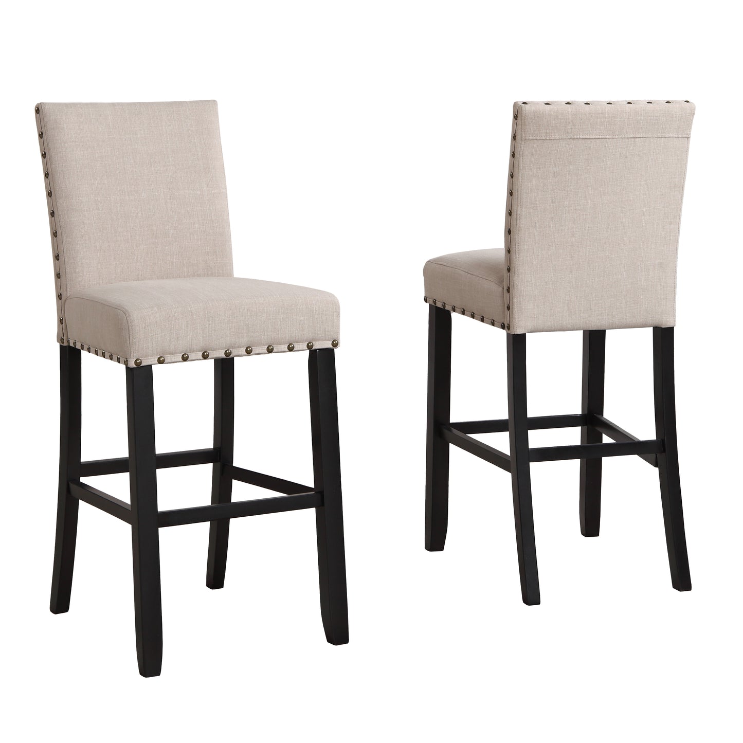 Biony 3-Piece 36" Round Espresso Finish Bar Table with 2 Tan Fabric Nail Head Pub Chairs