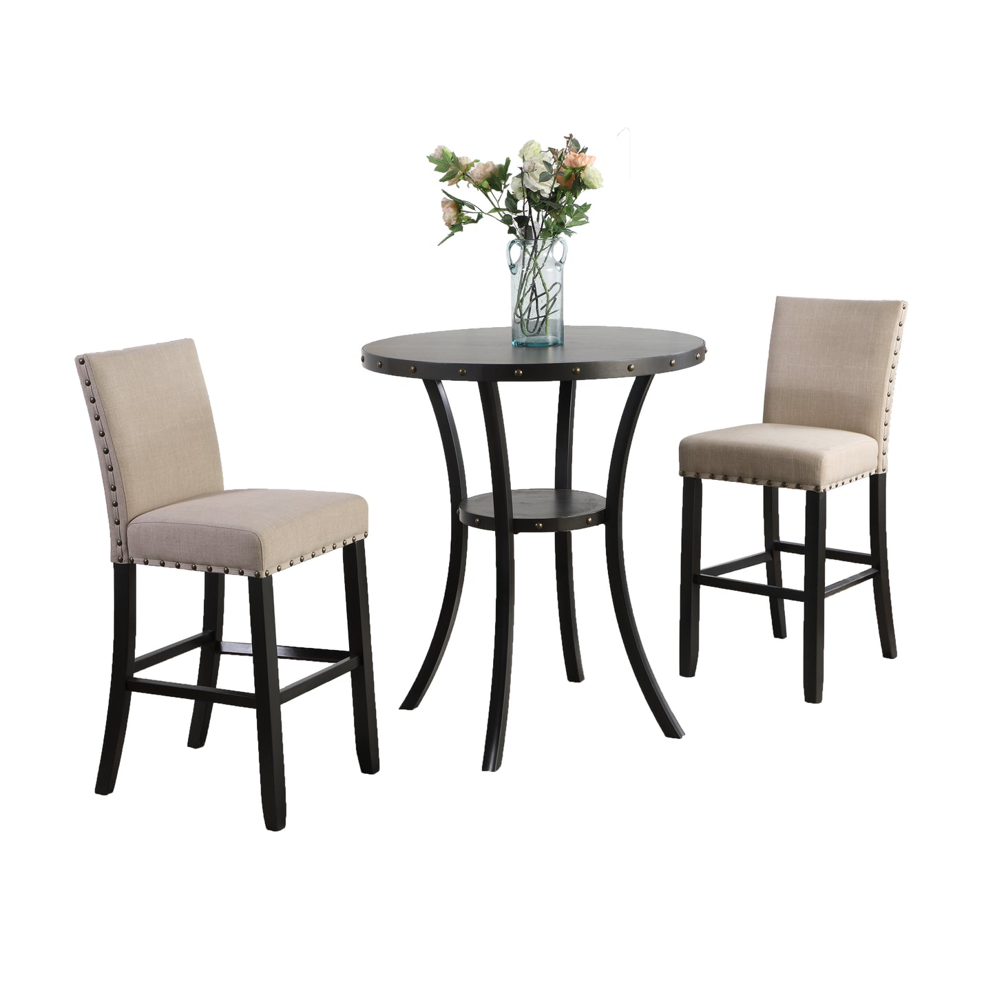Biony 3-Piece 36" Round Espresso Finish Bar Table with 2 Tan Fabric Nail Head Pub Chairs