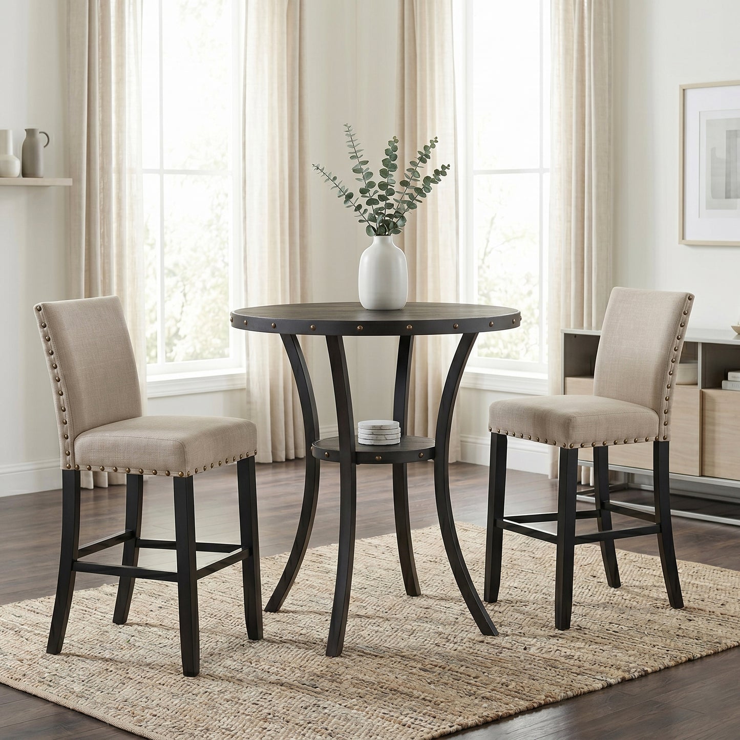 Biony 3-Piece 36" Round Espresso Finish Bar Table with 2 Tan Fabric Nail Head Pub Chairs