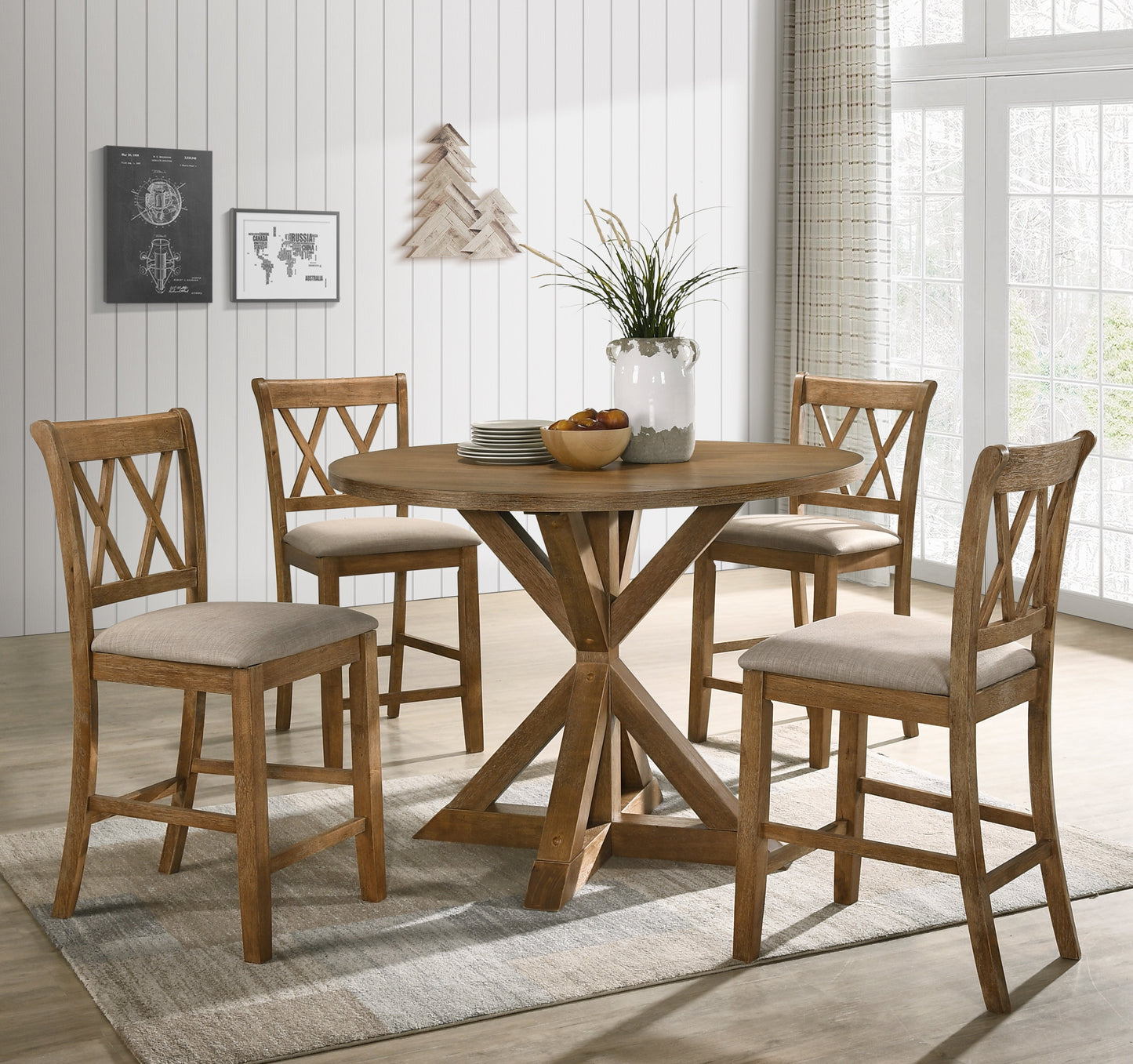 Roundhill Furniture Windvale Cross-Buck Wood Counter Height Dining Set - 5-Piece