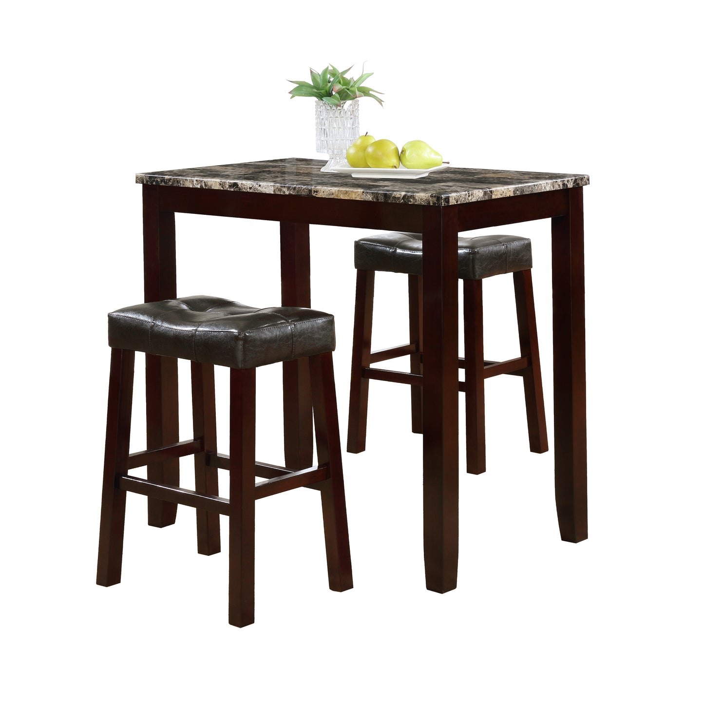 3-piece Counter Height Glossy Print Marble Breakfast Table with Stools