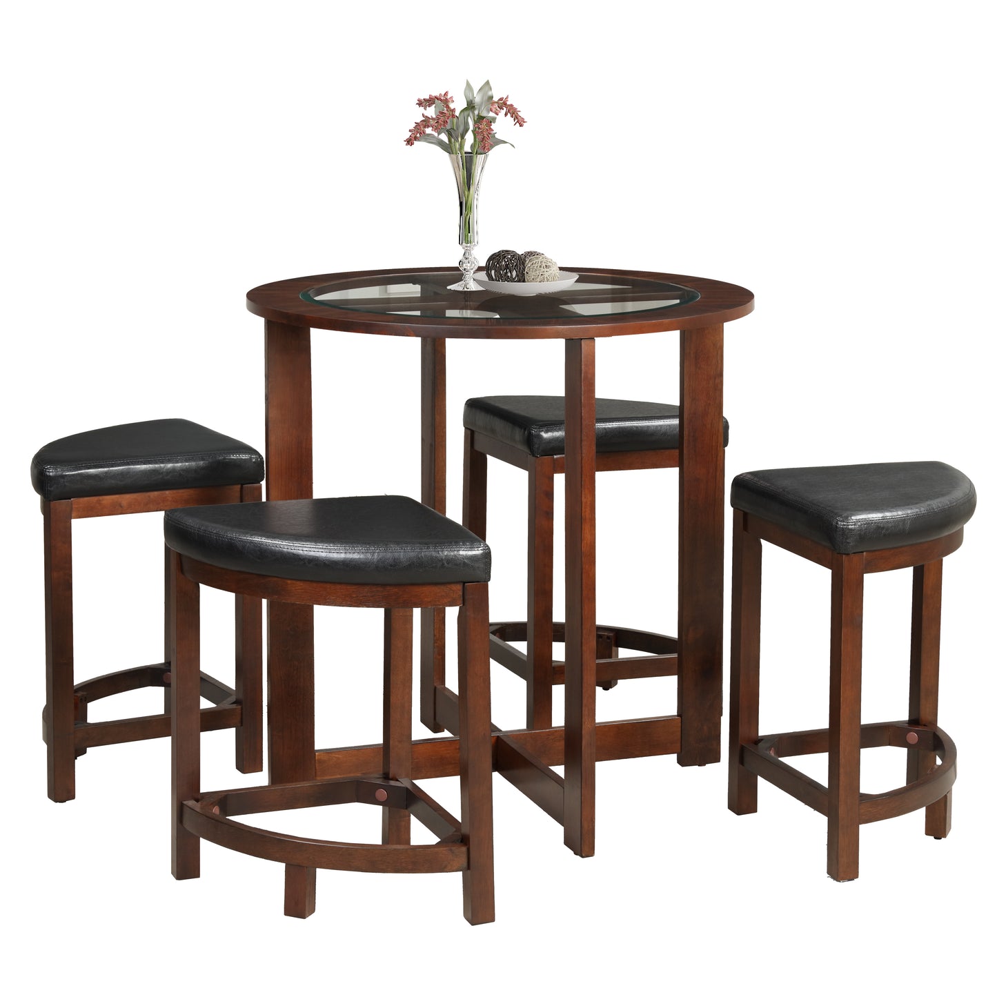 Roundhill Furniture Cylina Solid Wood Glass Top Round Counter Height Table with 4 Stools