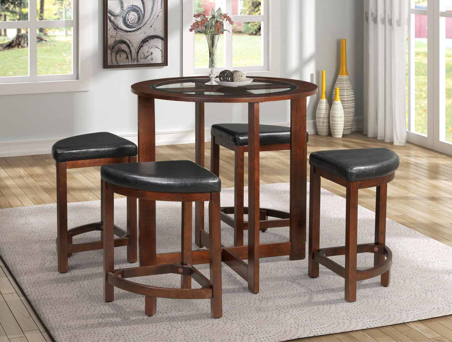 Solid Wood Glass Top Counter Height Table w/ 4 Stools