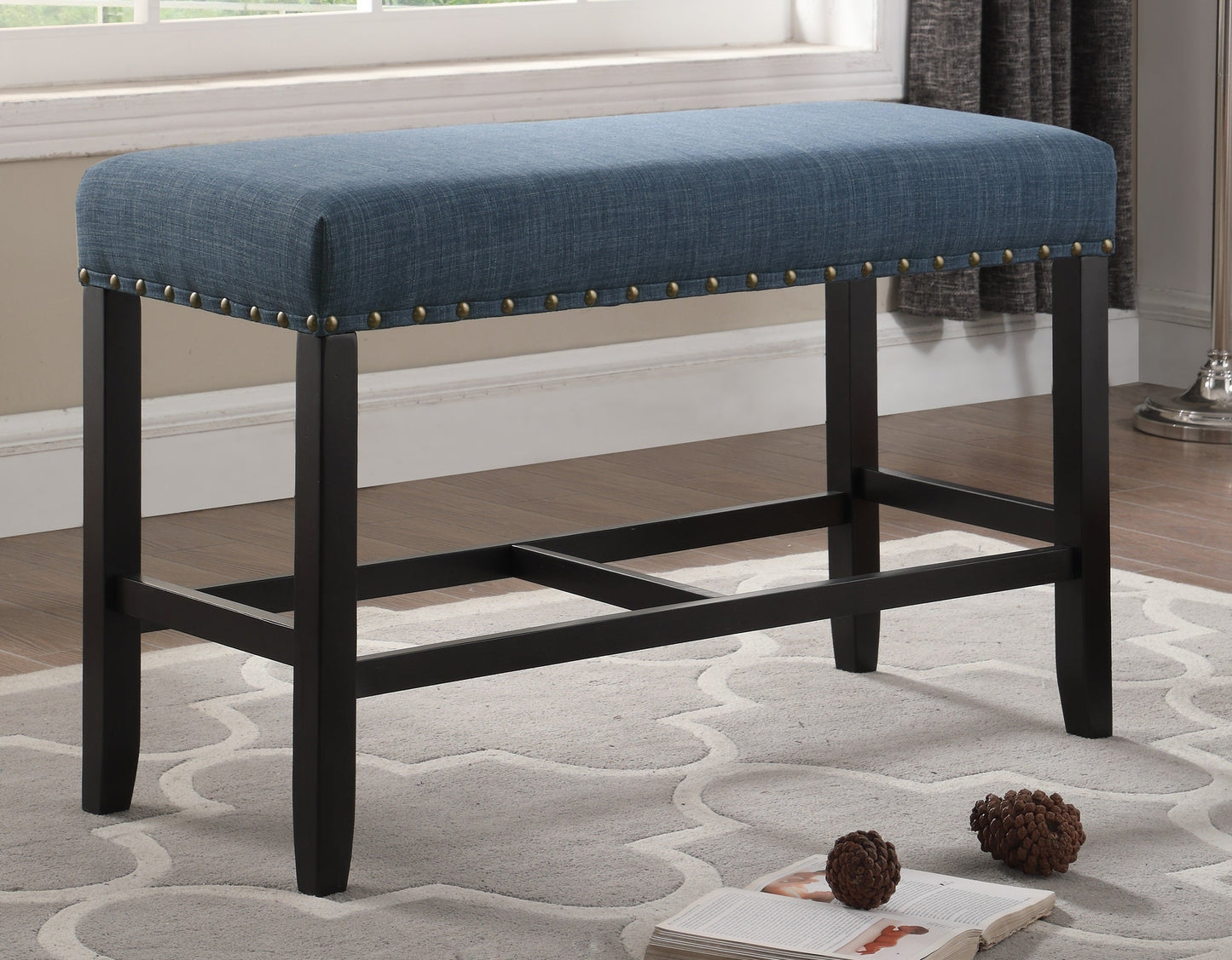 Roundhill Furniture Biony Fabric Counter Height Dining Bench with Nailhead Trim, Blue