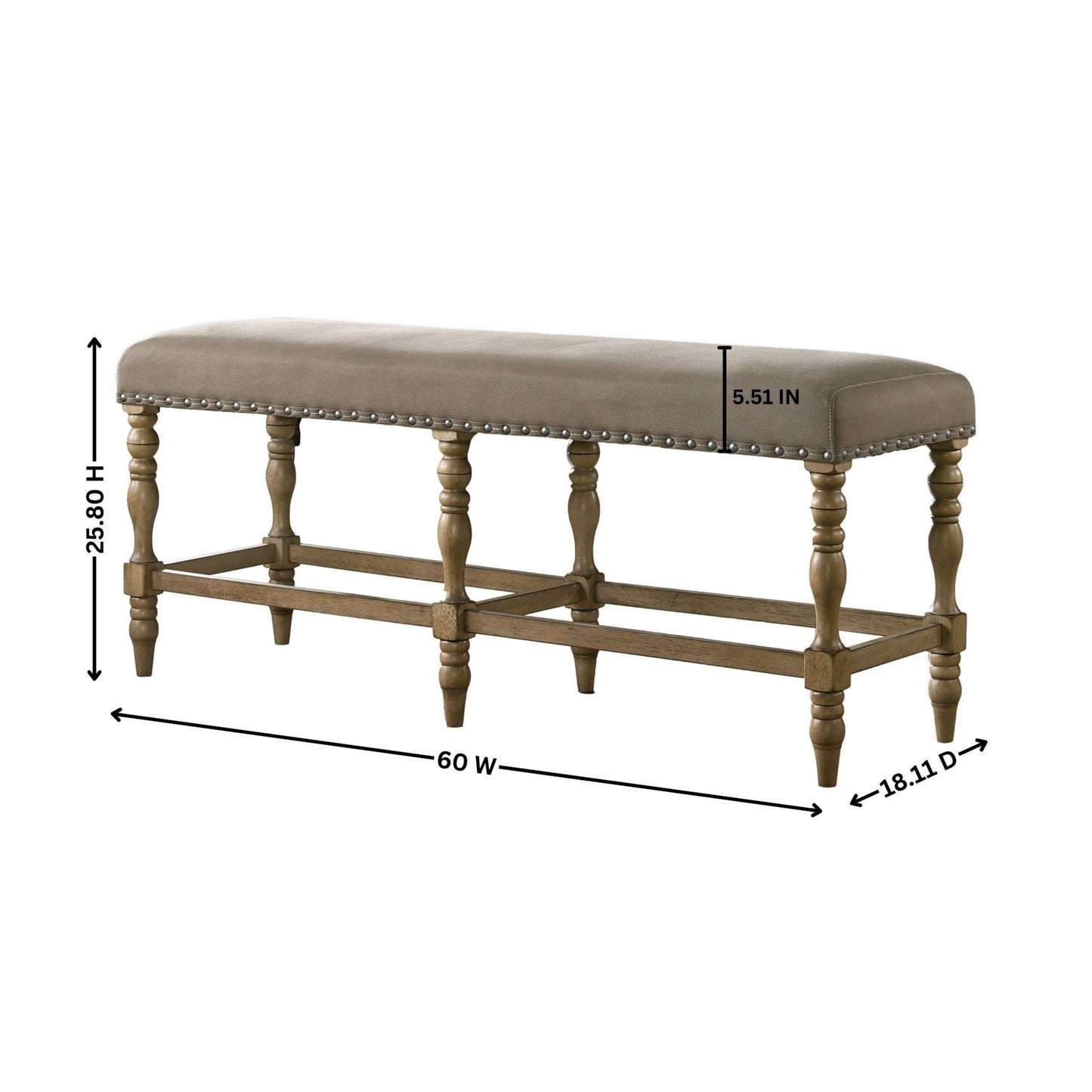 Birmingham Microfiber Upholstered Counter Height Bench with Nail Head Trim in Driftwood Finish