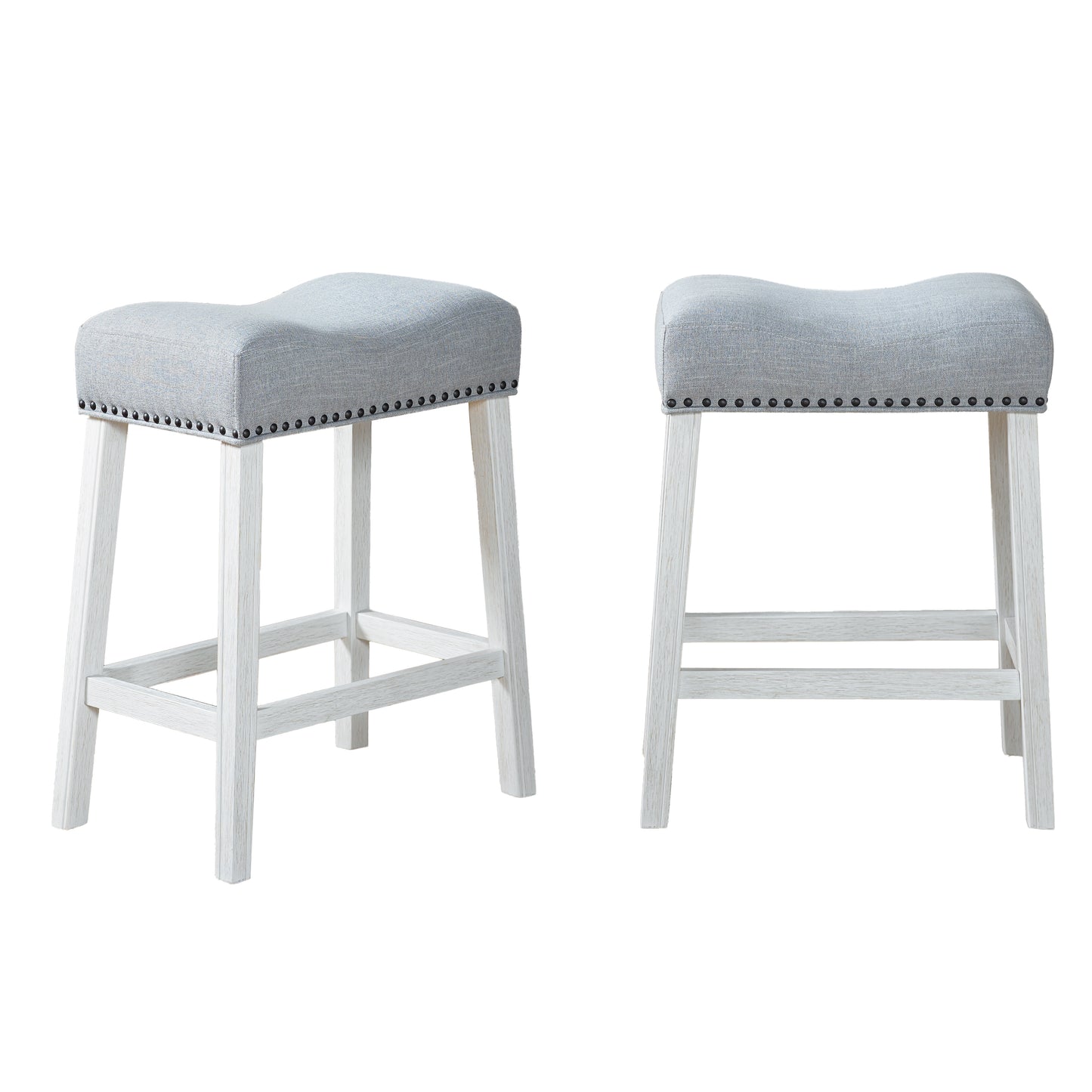 Roundhill Furniture CoCo Upholstered Counter Height Stools - Saddle Seat, White-Washed Finish, Gray Fabric, Set of 2