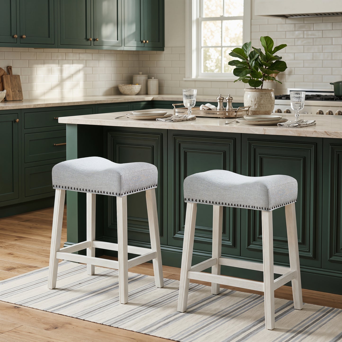 Roundhill Furniture CoCo Upholstered Counter Height Stools - Saddle Seat, White-Washed Finish, Gray Fabric, Set of 2