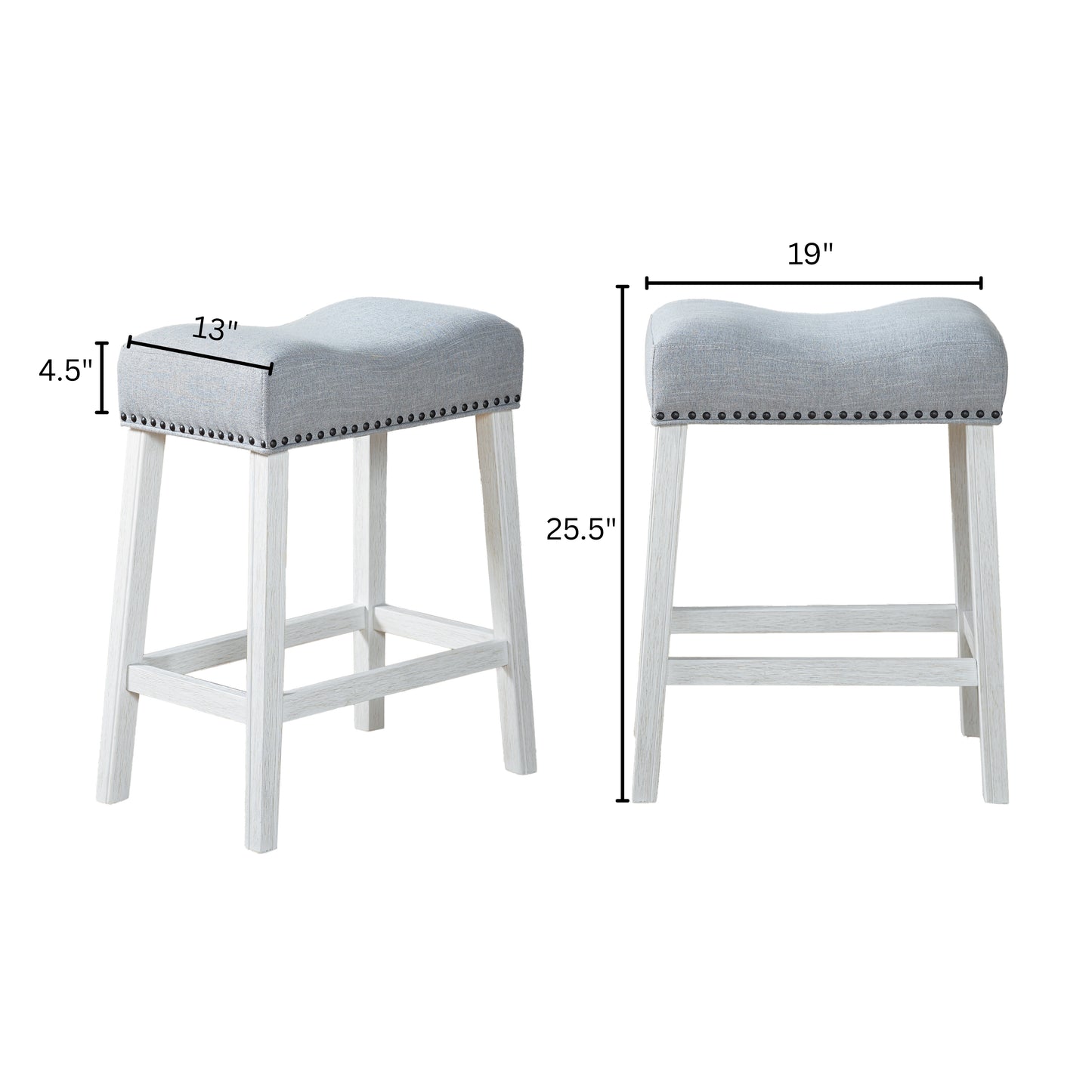Roundhill Furniture CoCo Upholstered Counter Height Stools - Saddle Seat, White-Washed Finish, Gray Fabric, Set of 2
