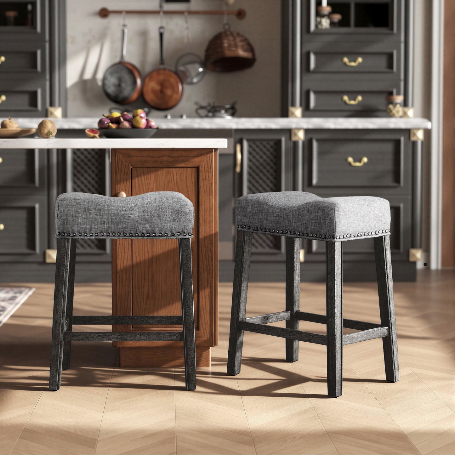 CoCo Upholstered Backless Saddle Seat Counter Stools 25" height Set of 2, Gray