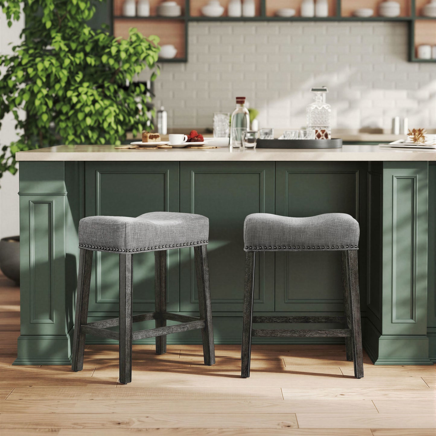 CoCo Upholstered Backless Saddle Seat Counter Stools 25" height Set of 2, Gray