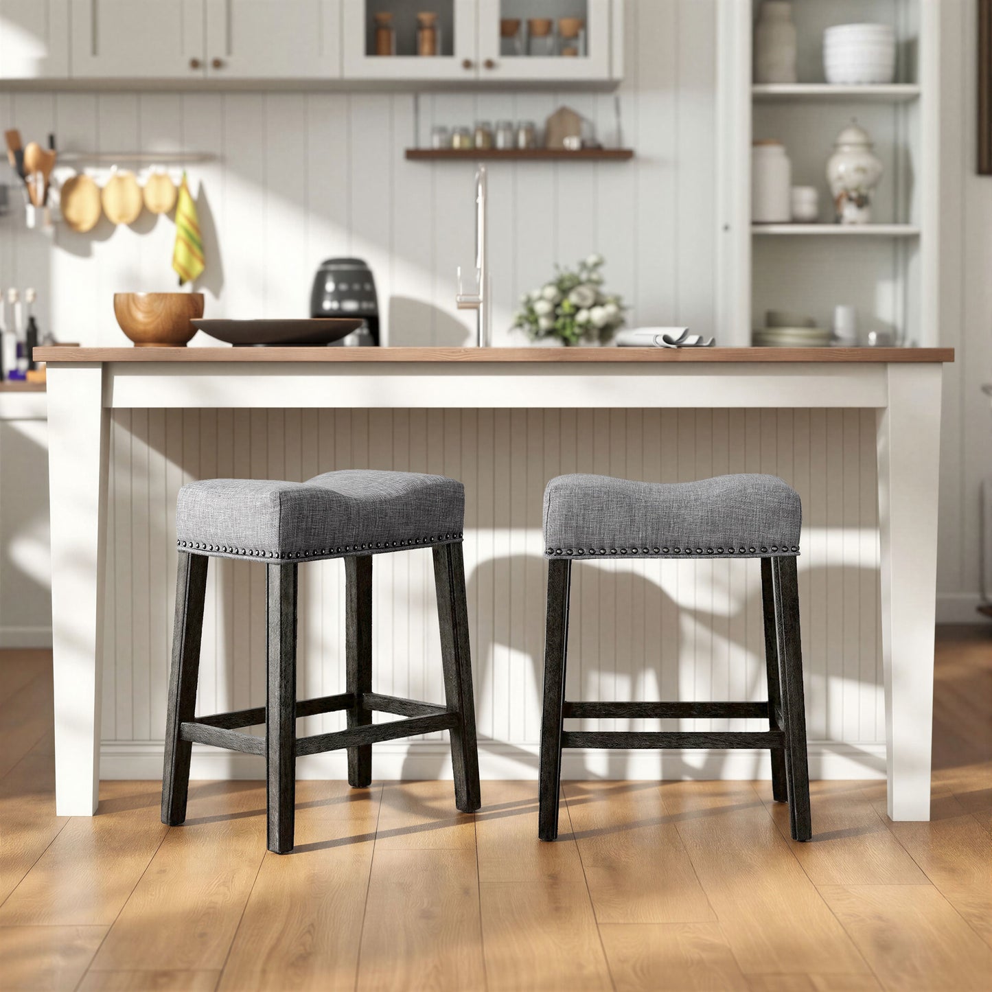 CoCo Upholstered Backless Saddle Seat Counter Stools 25" height Set of 2, Gray