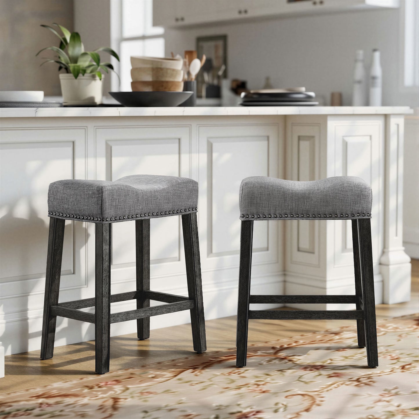 CoCo Upholstered Backless Saddle Seat Counter Stools 25" height Set of 2, Gray