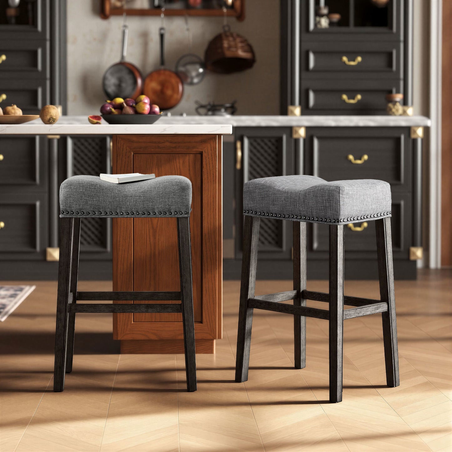 CoCo Upholstered Backless Saddle Seat Bar Stools 29" height Set of 2, Gray