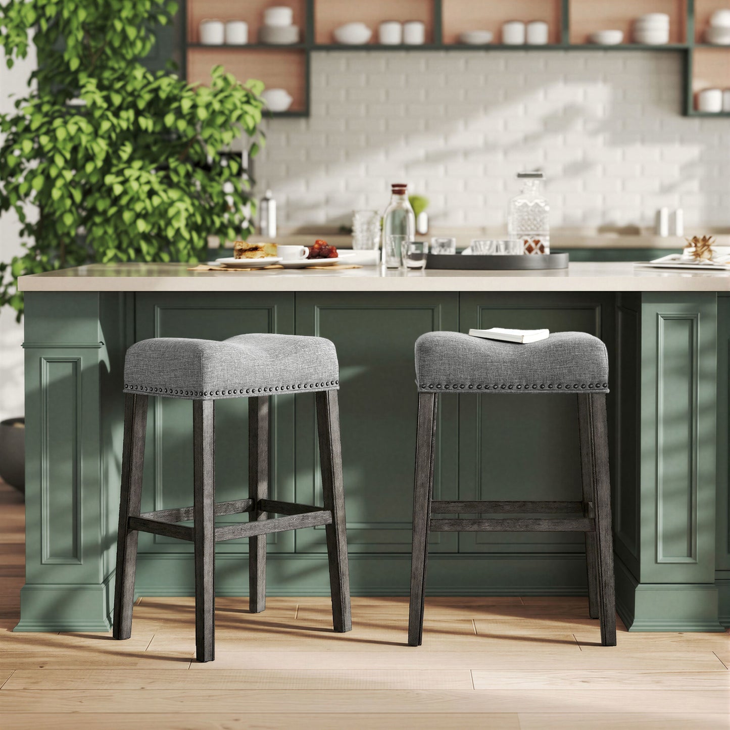 CoCo Upholstered Backless Saddle Seat Bar Stools 29" height Set of 2, Gray