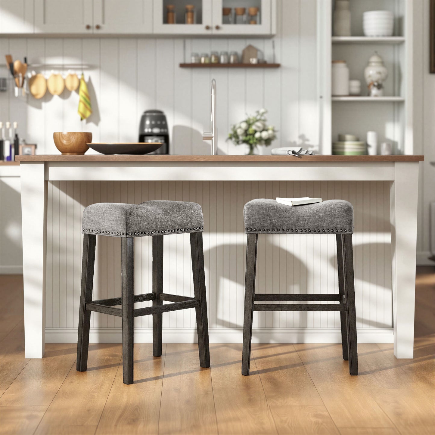 CoCo Upholstered Backless Saddle Seat Bar Stools 29" height Set of 2, Gray