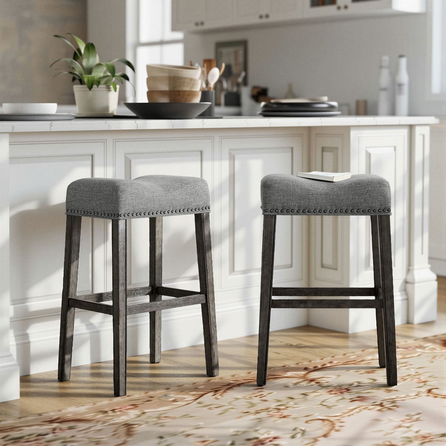 CoCo Upholstered Backless Saddle Seat Bar Stools 29" height Set of 2, Gray
