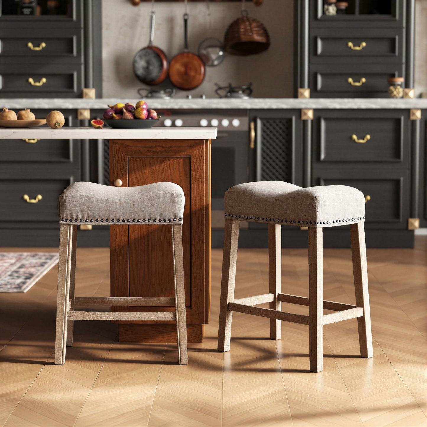CoCo Upholstered Backless Saddle Seat Counter Stools 24" height Set of 2, Tan