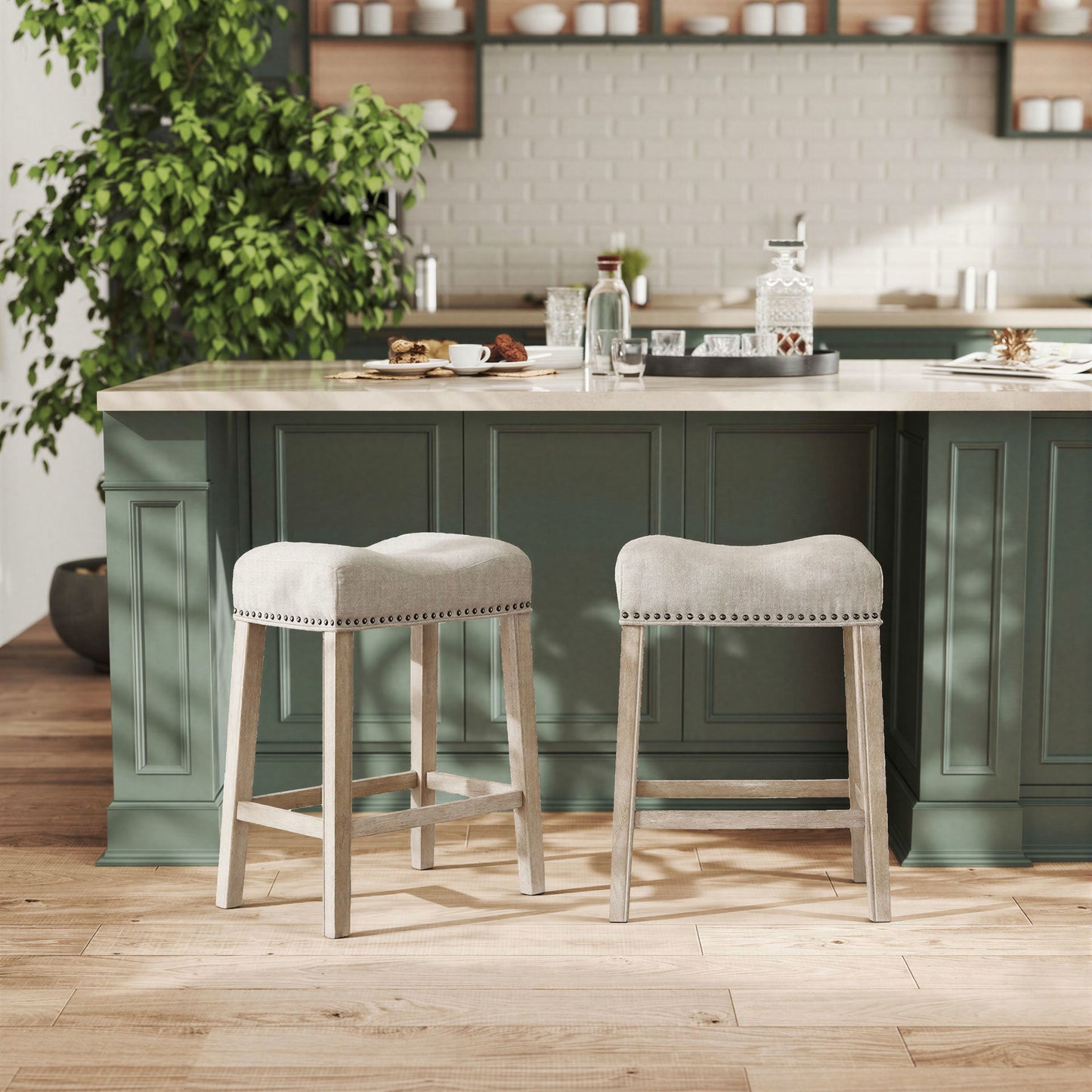 CoCo Upholstered Backless Saddle Seat Counter Stools 24" height Set of 2, Tan