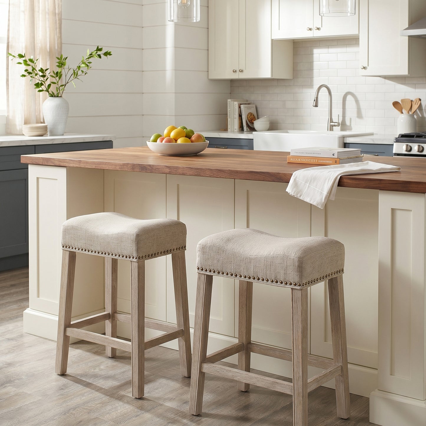CoCo Upholstered Backless Saddle Seat Counter Stools 24" height Set of 2, Tan