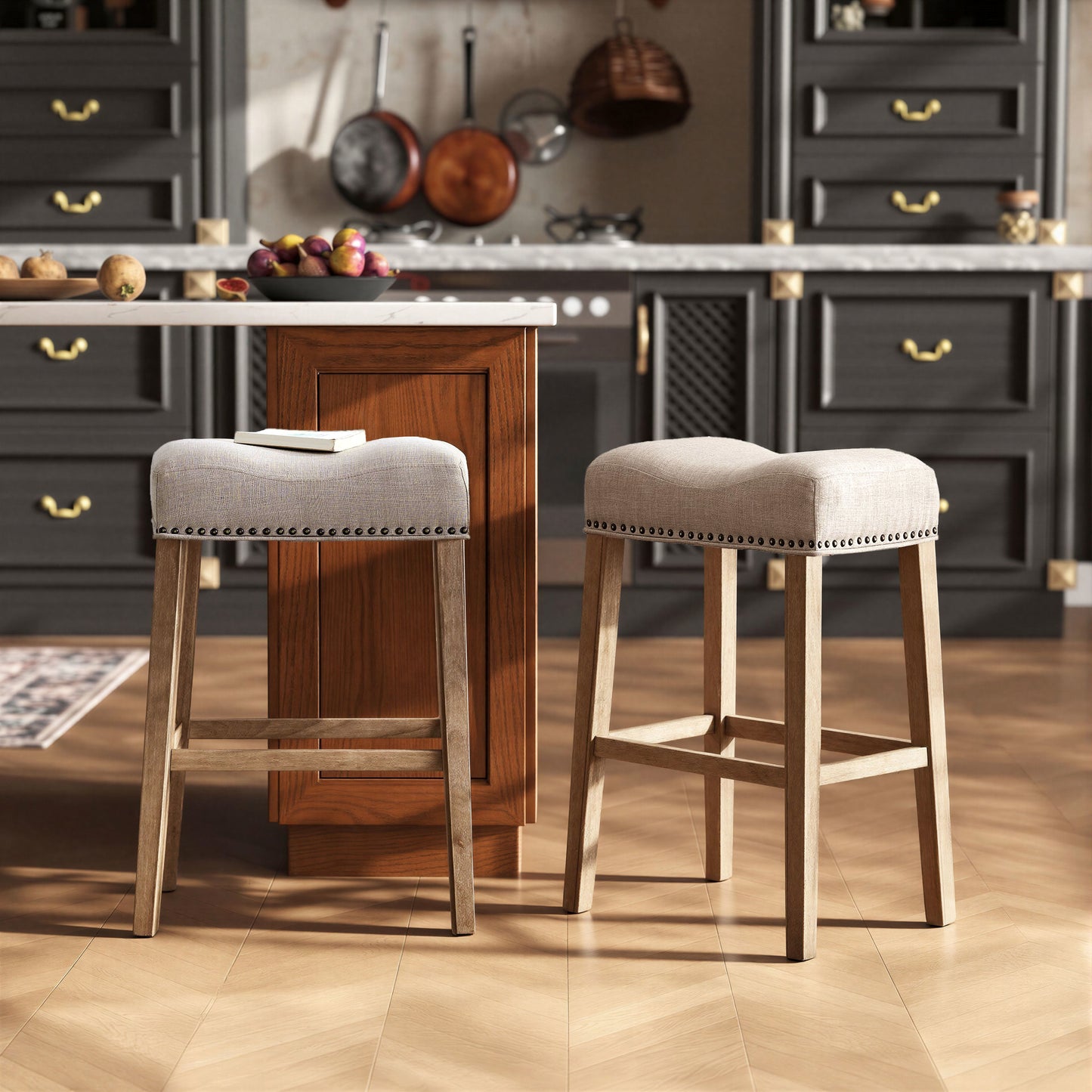 CoCo Upholstered Backless Saddle Seat Bar Stools 29" height Set of 2, Tan