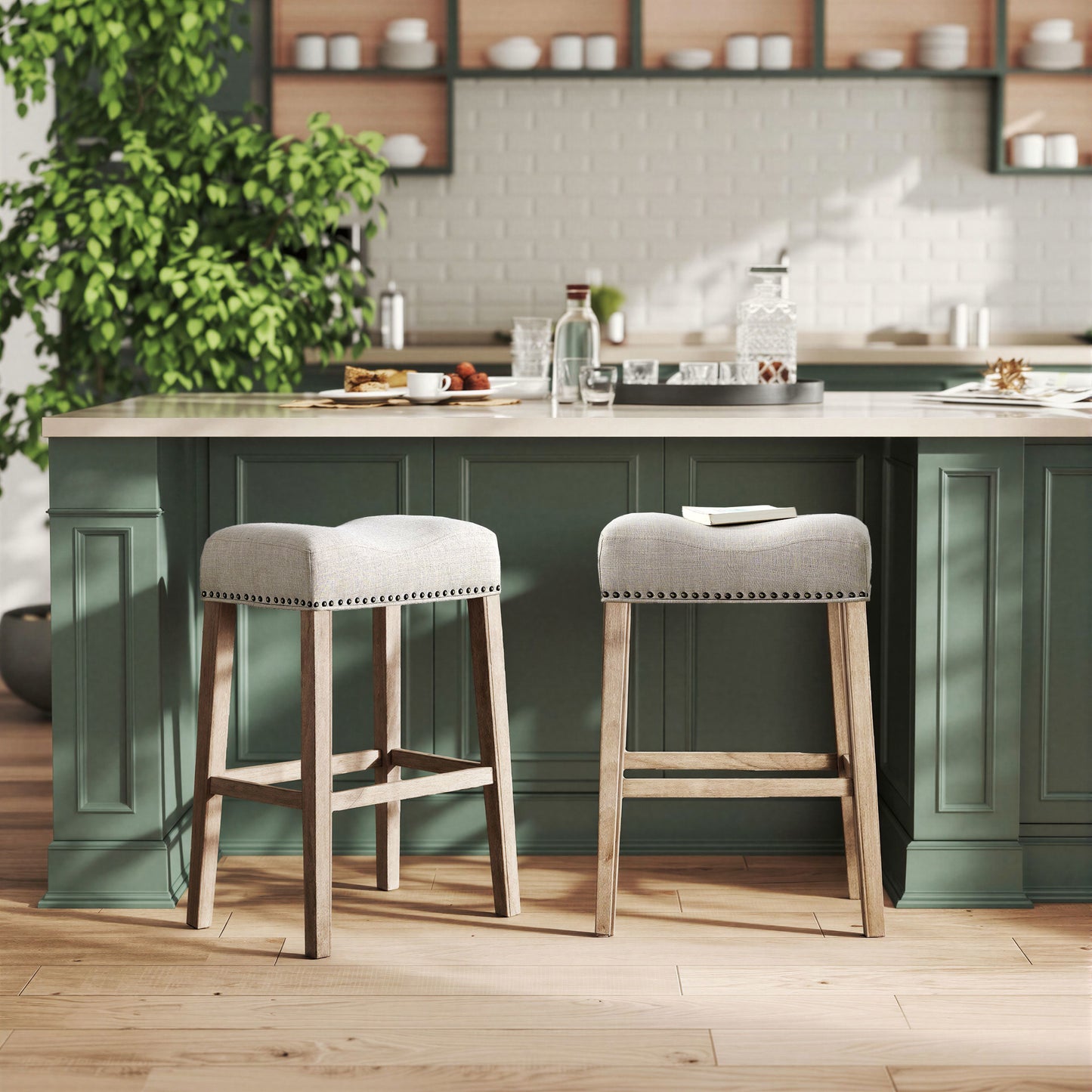 CoCo Upholstered Backless Saddle Seat Bar Stools 29" height Set of 2, Tan