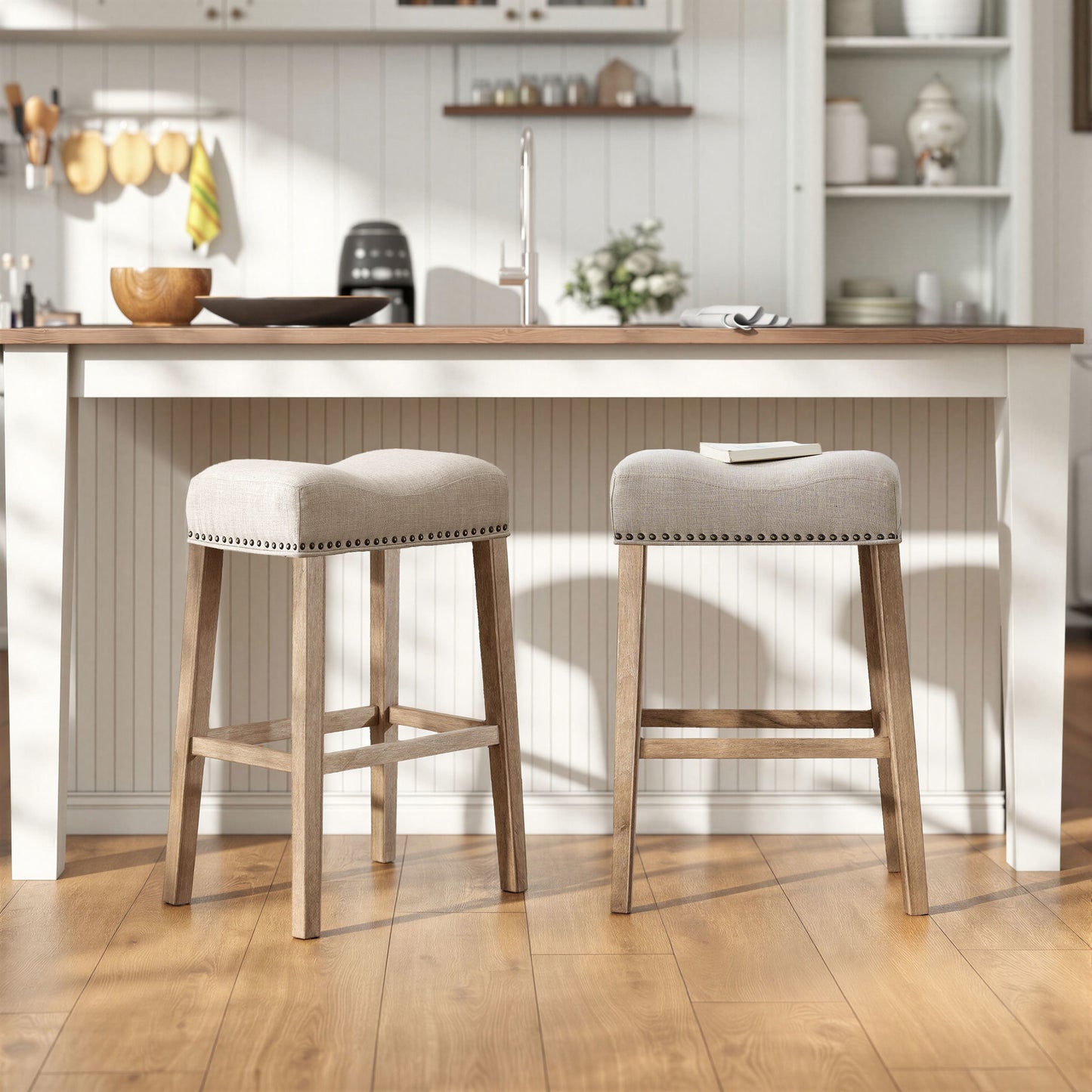 CoCo Upholstered Backless Saddle Seat Bar Stools 29" height Set of 2, Tan