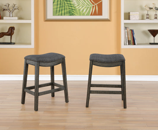 Maroni Finish Faric Upholstery Nailheaded Saddle Counter Stool in Gray, Set of 2